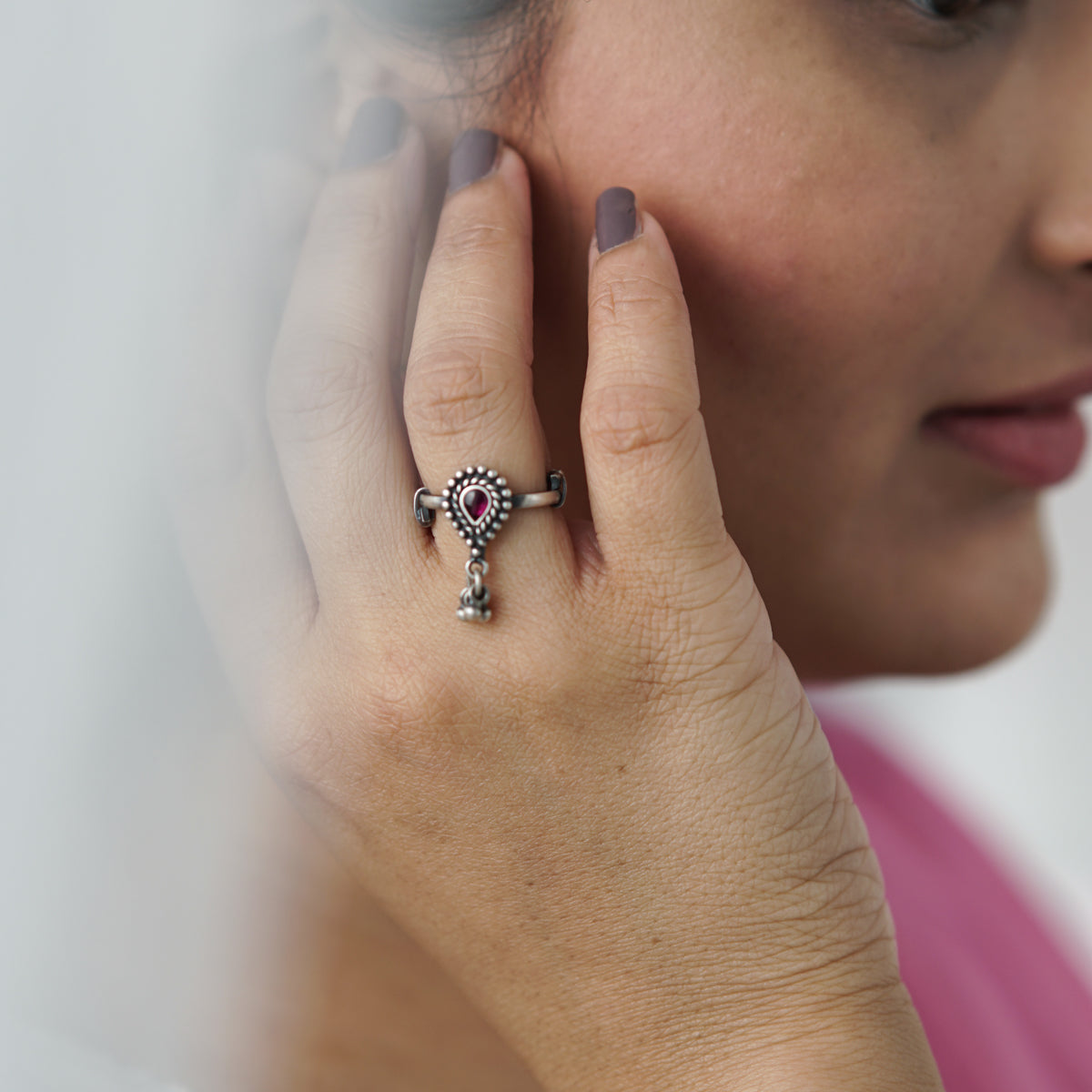 Silver Drop Shape with Ghungroo Motif Ring