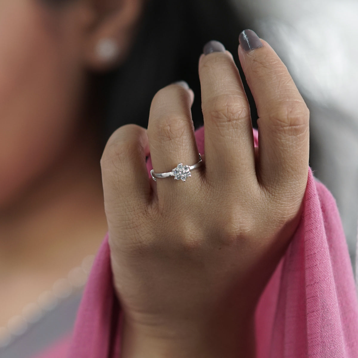 Silver CZ Flower Ring Small