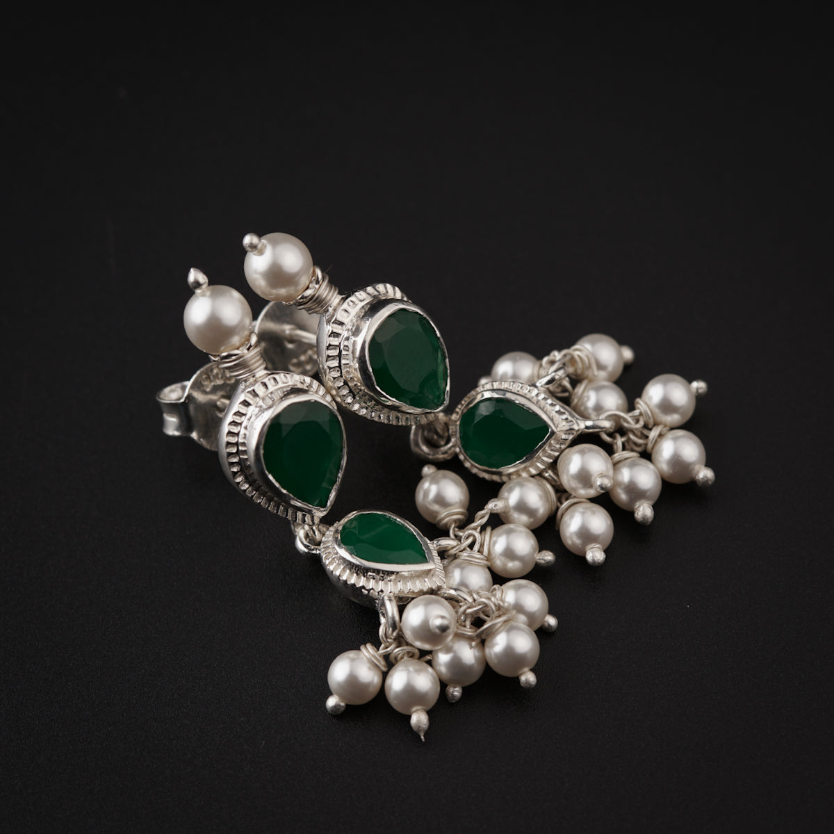 Silver Tanmani Set with Green Onyx and Pearls