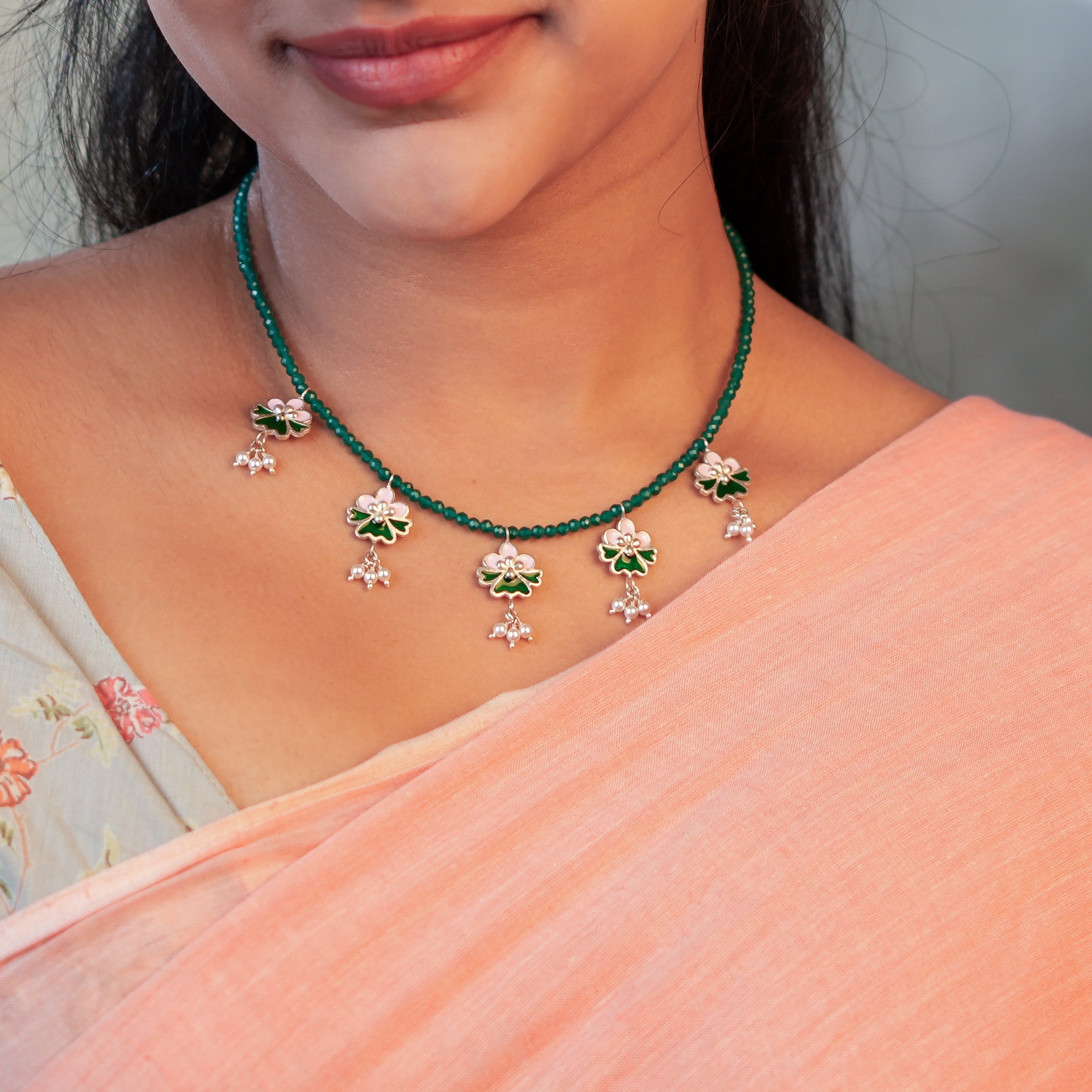 Pink & Green Enamel Charm Necklace with Green Onyx