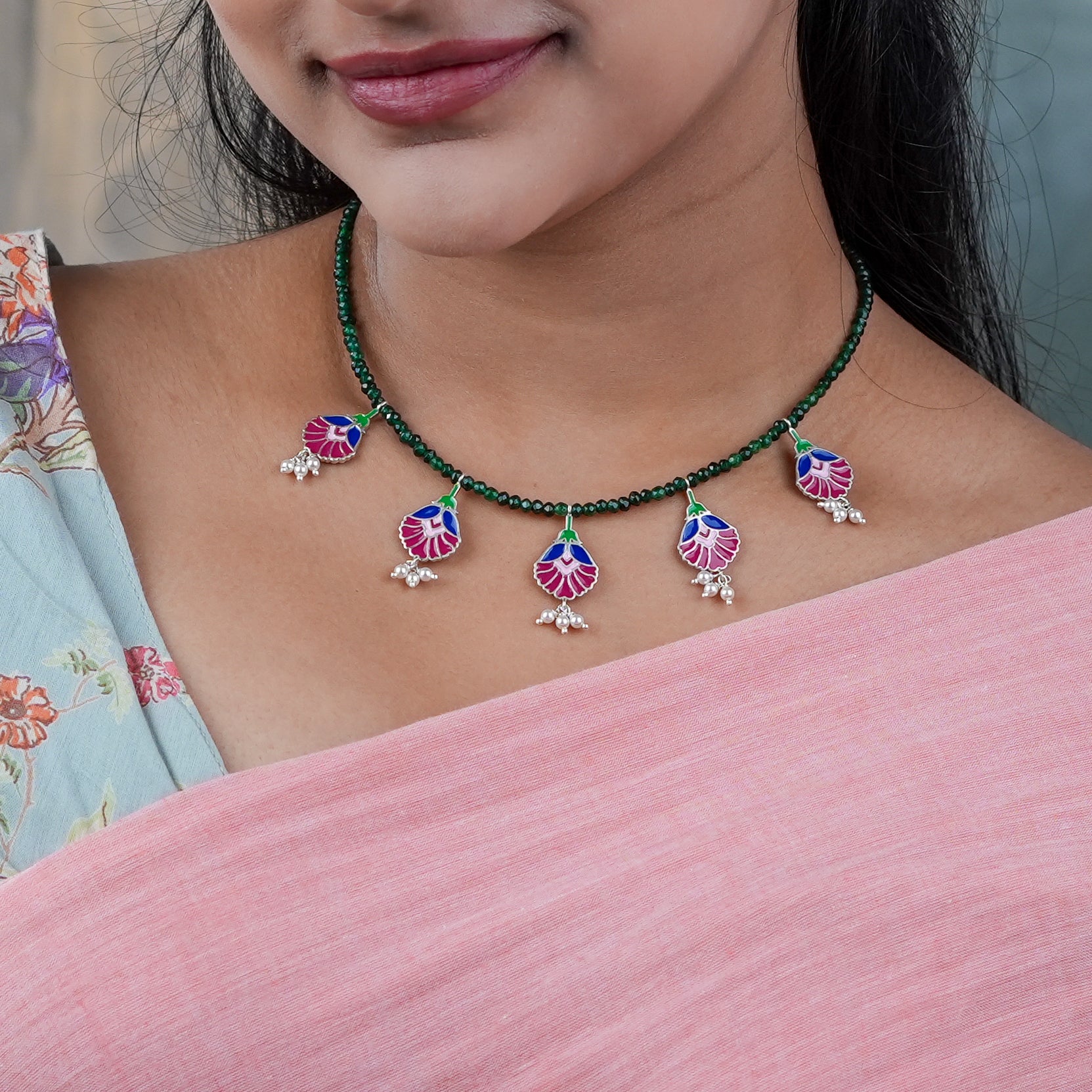 Rose Enamel Flower Charm Necklace with Green Onyx