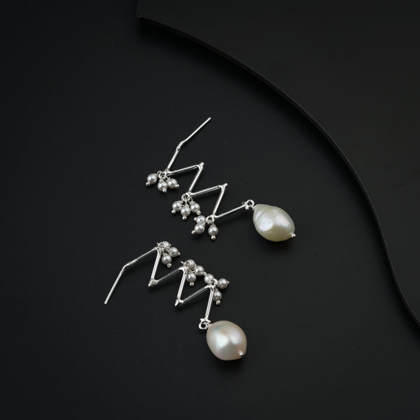 Sterling Silver Zig-Zag Earrings with Pearl Accents and Pearl Drop