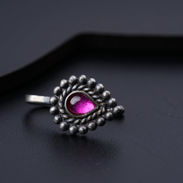 Handcrafted Parna silver nose pin with pink stone polished finish
