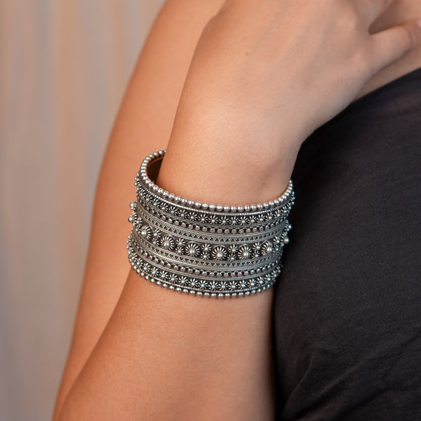 Silver Oxidised Filigree Statement Bracelet