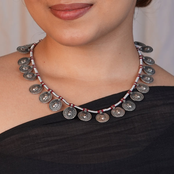 Silver Oxidised Coin Putali Necklace with Red Thread