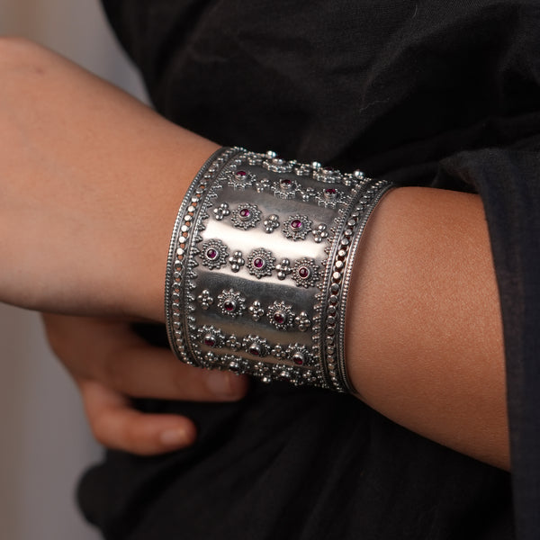 Silver Oxidised Statement Bracelet with Pink Stone