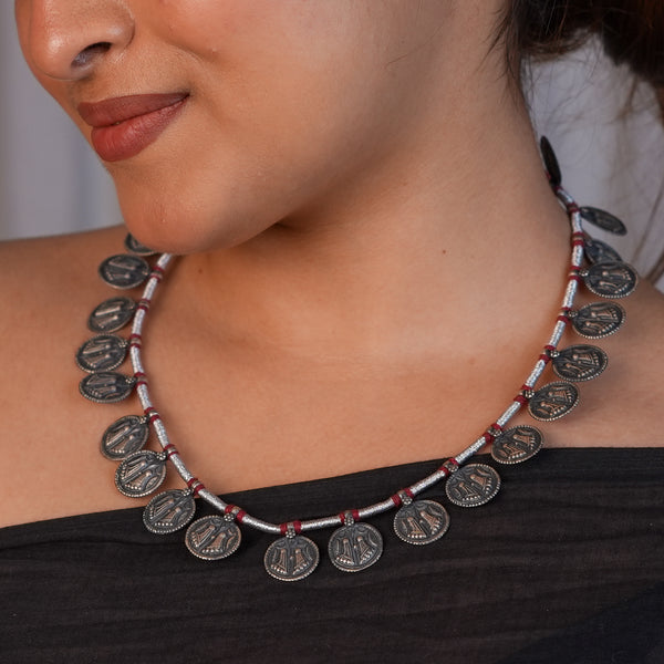 Silver Oxidised Putali Coin Necklace with Red Thread