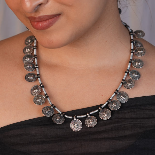 Silver Oxidised Coin Putali Necklace with Black Thread