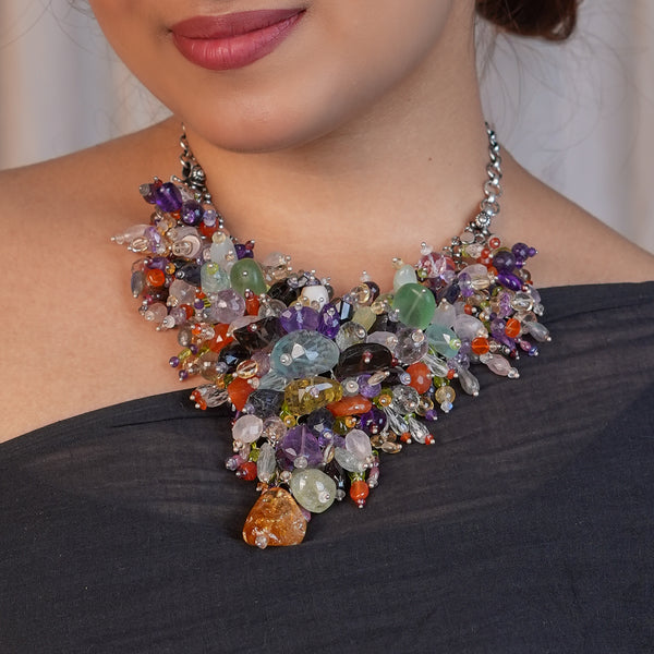 Silver Statement Necklace with Multicolour Stones