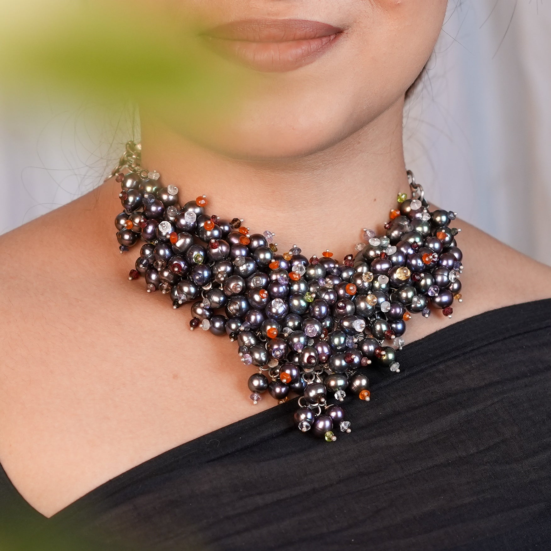 Silver Statement Necklace with Black Baroque Pearls & Semi-Precious Stones