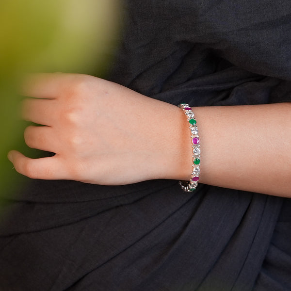 Silver Bangle with White, Green & Pink Stone