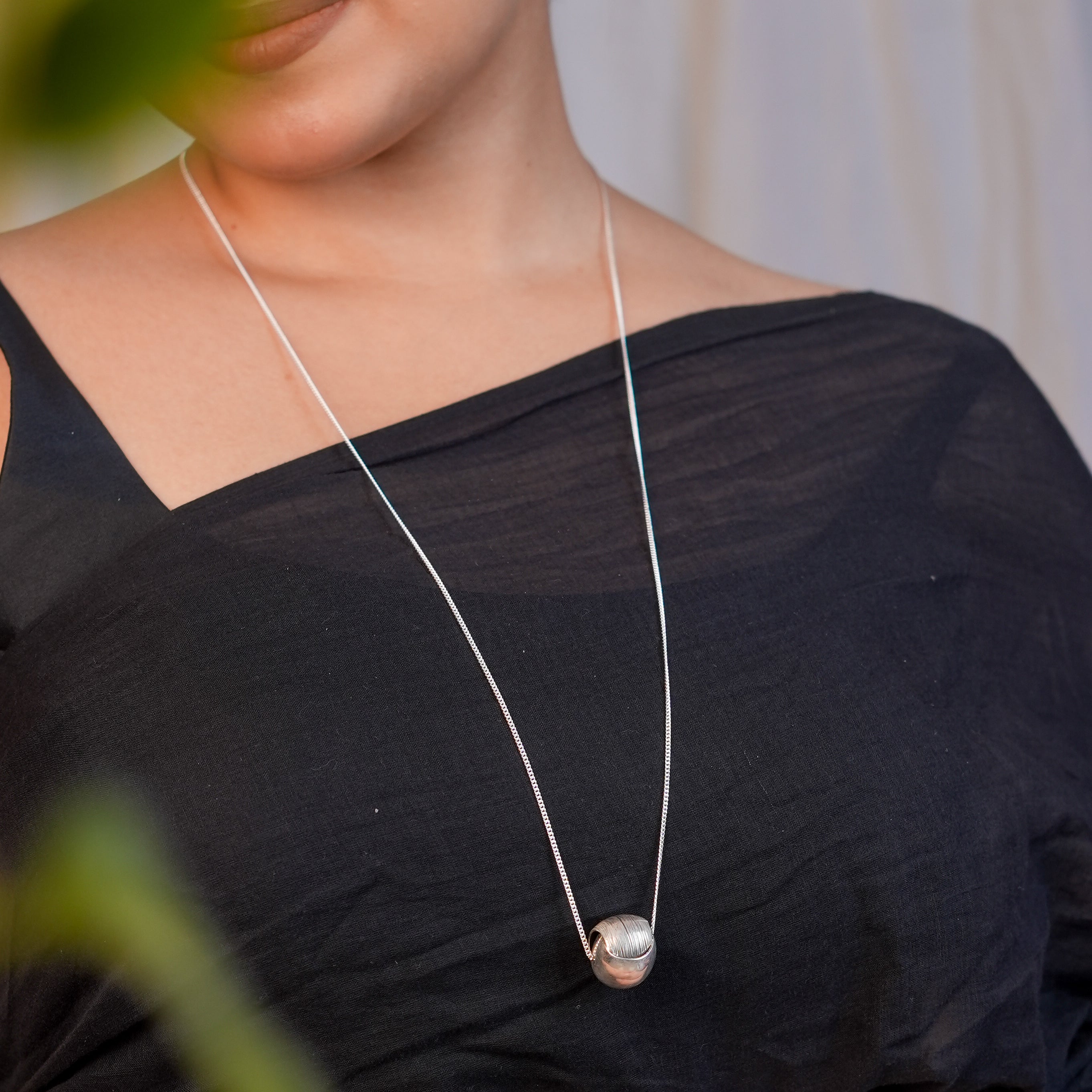 Silver Textured Round Bead Long Necklace