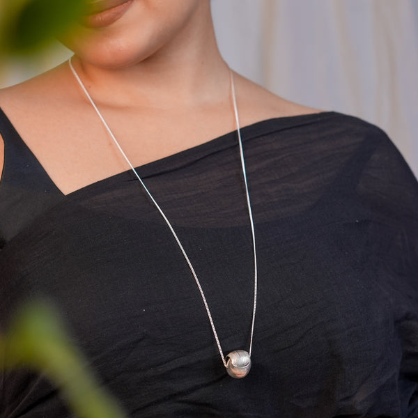Silver Textured Round Bead Long Necklace