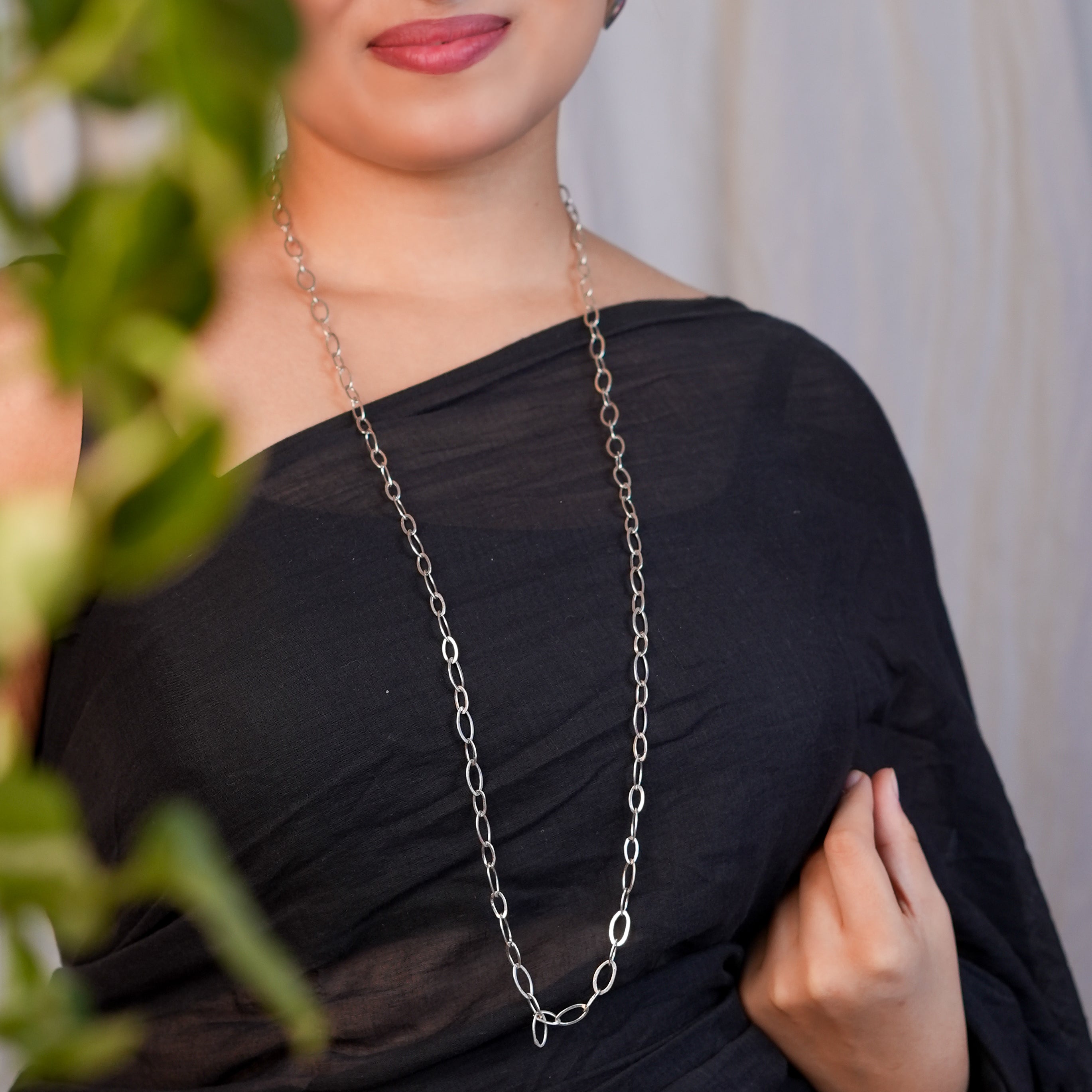 Silver Oval Link Long Necklace