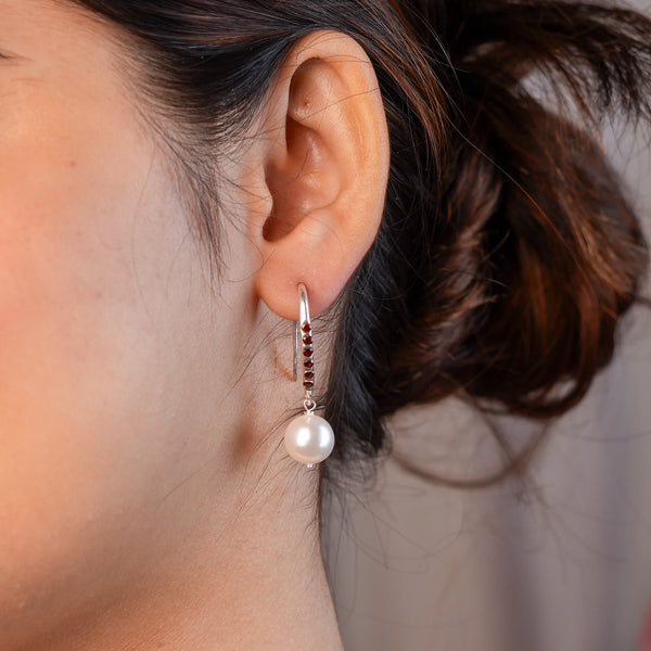 Silver Dangle Pearl Earrings with Red CZ Stones