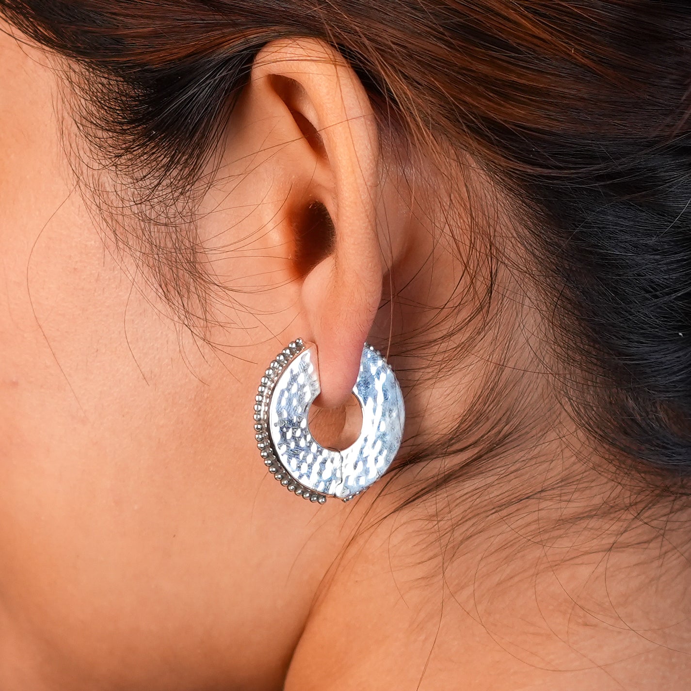 Silver Oxidised Hammered Hoops