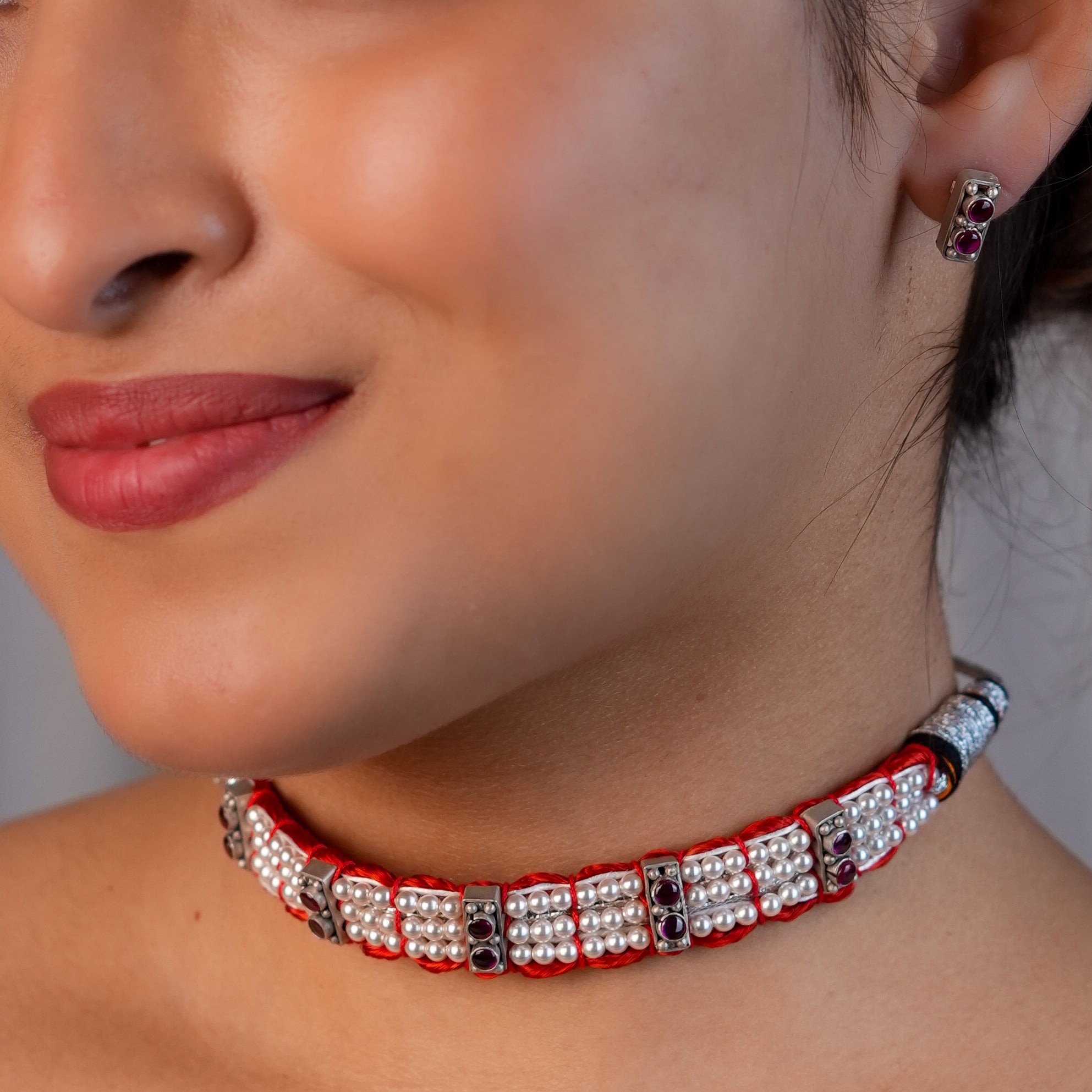 Silver Chinchpeti with Kempu Stones & Pearls – Small (Made to Order)