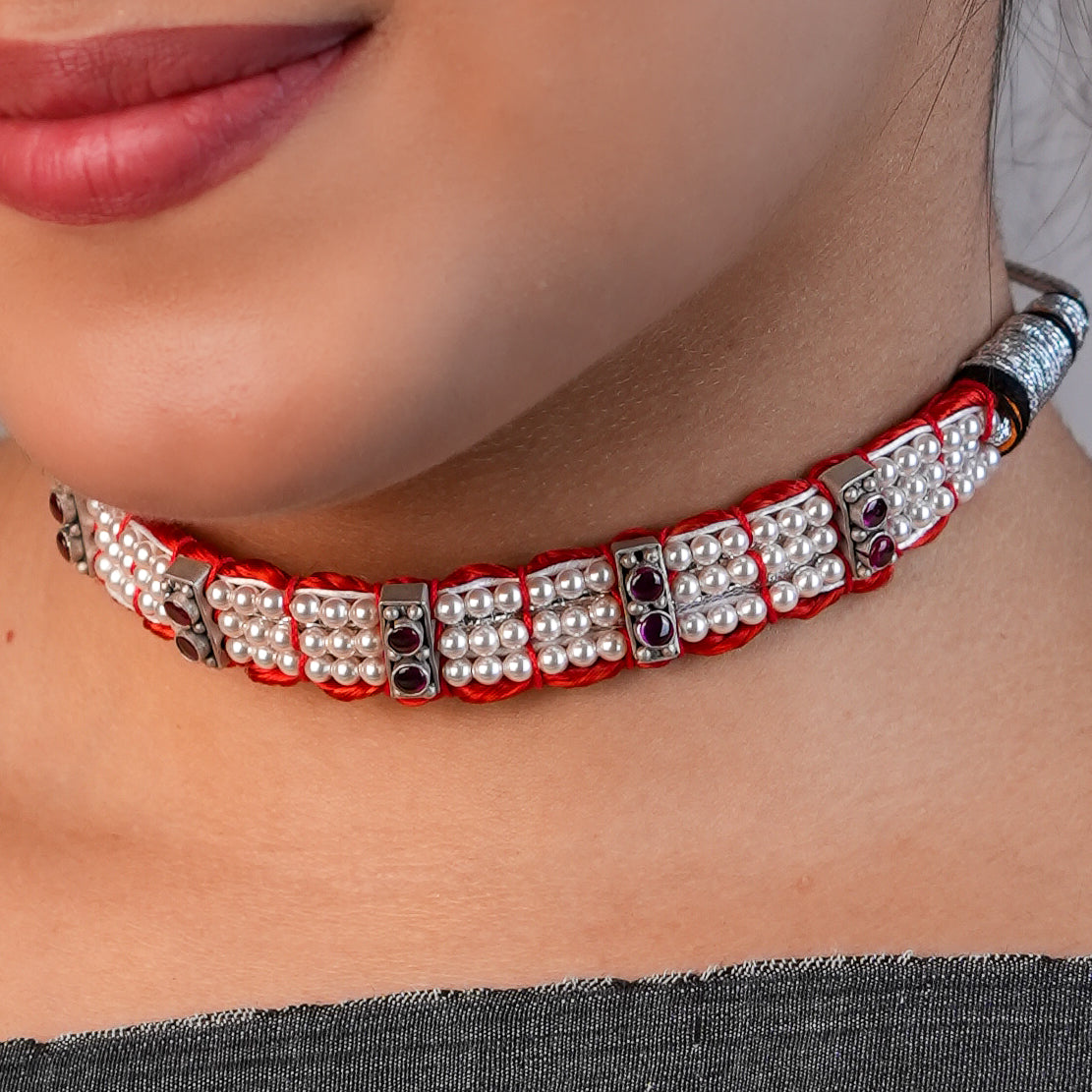 Silver Chinchpeti with Kempu Stones & Pearls – Small (Made to Order)