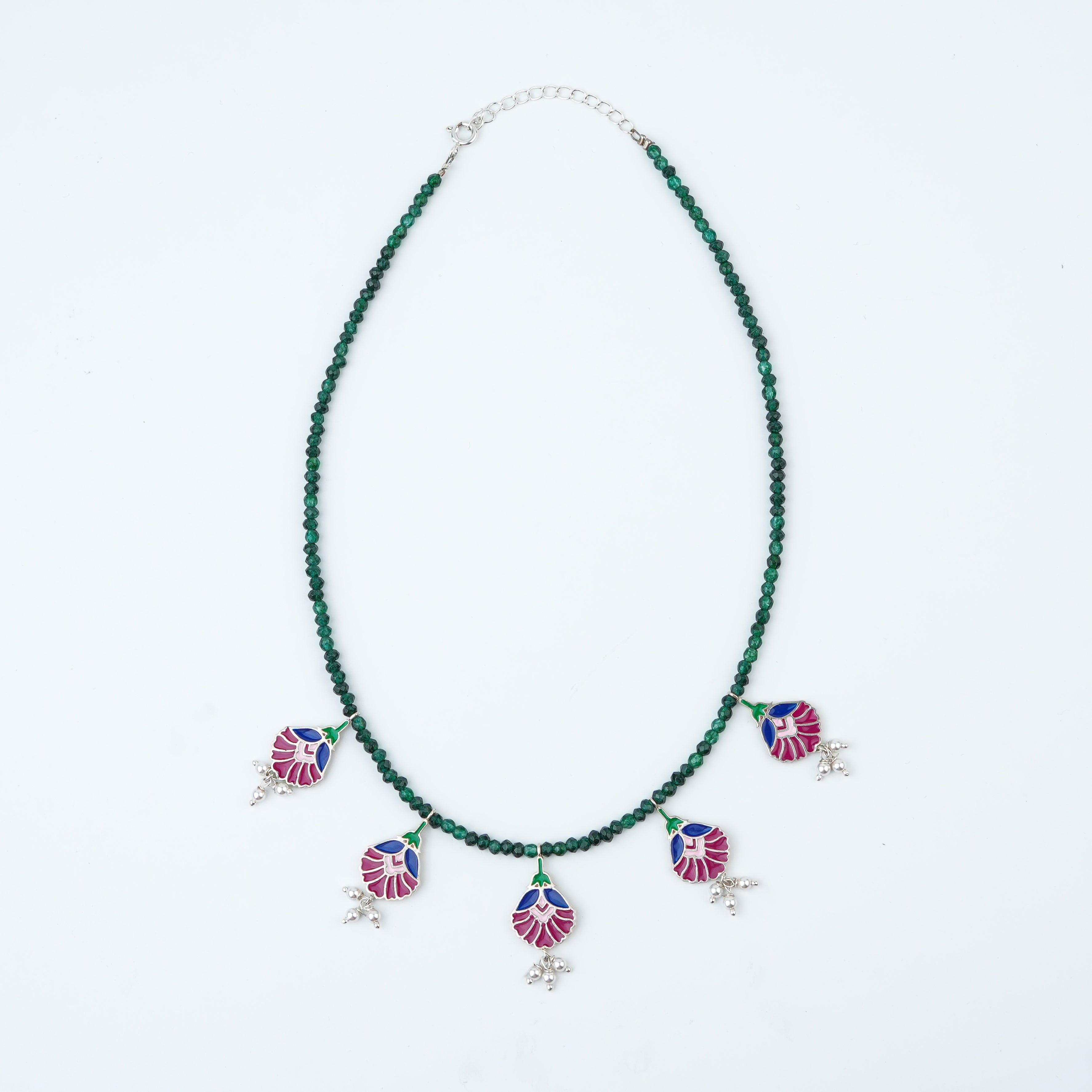 Rose Enamel Flower Charm Necklace with Green Onyx