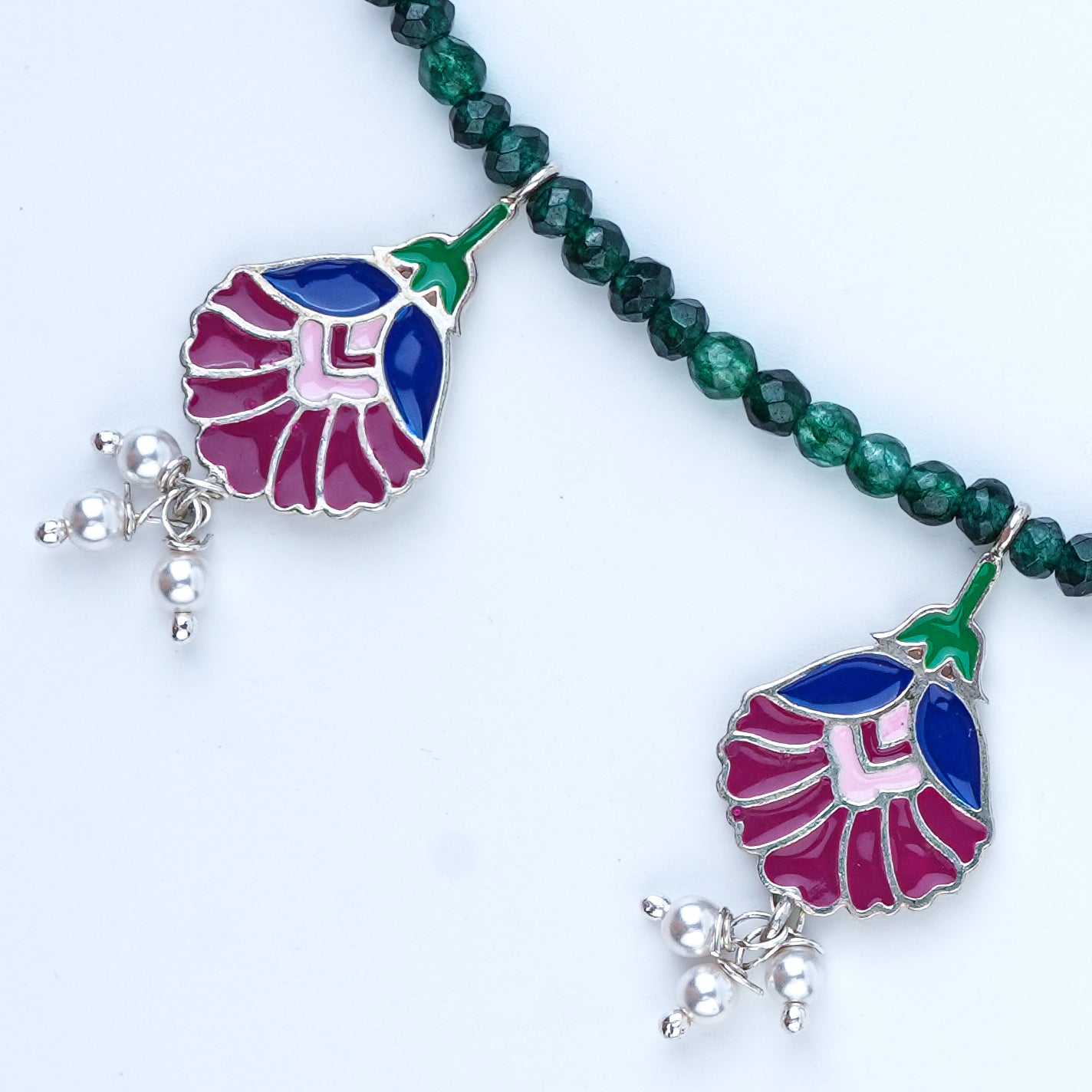 Rose Enamel Flower Charm Necklace with Green Onyx