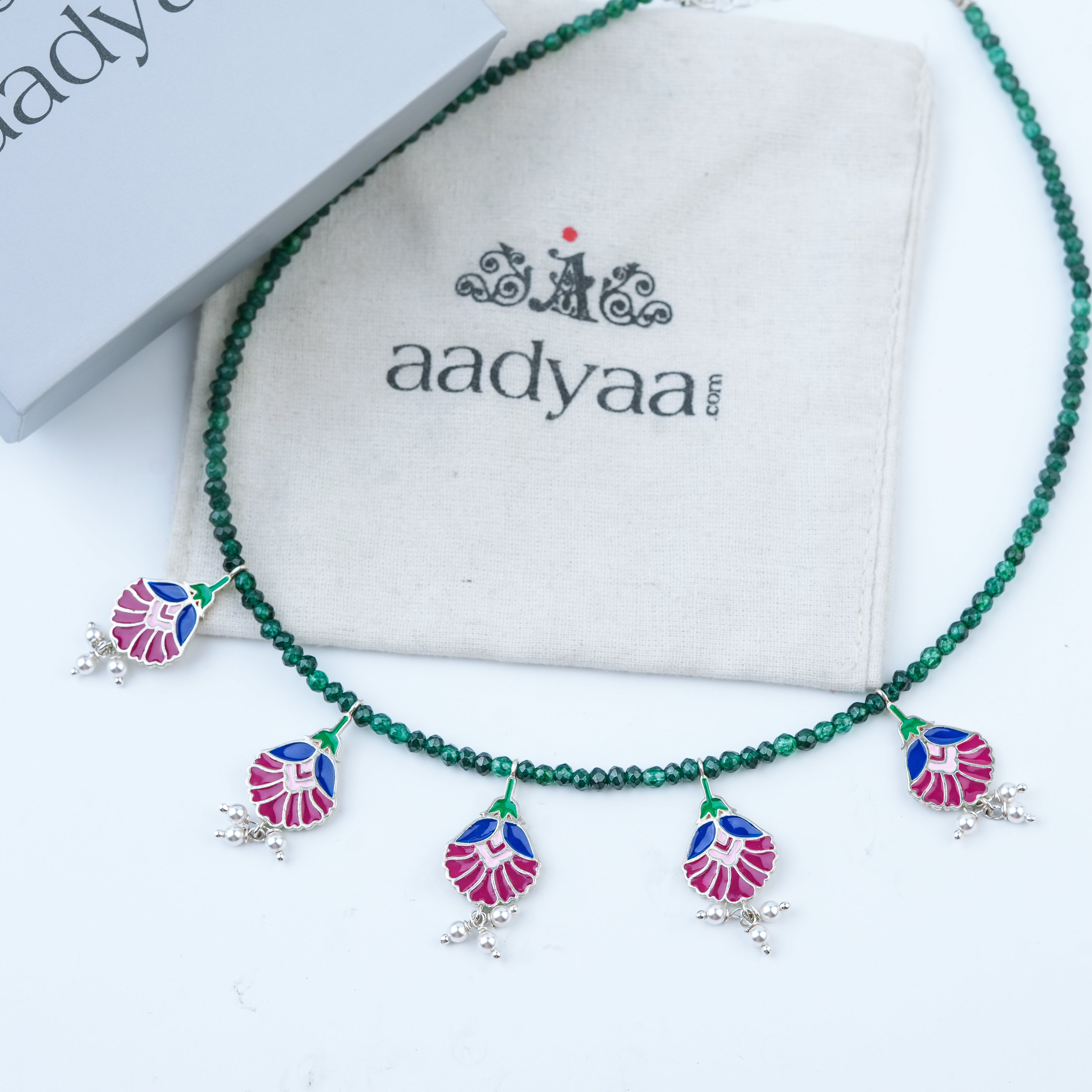 Rose Enamel Flower Charm Necklace with Green Onyx
