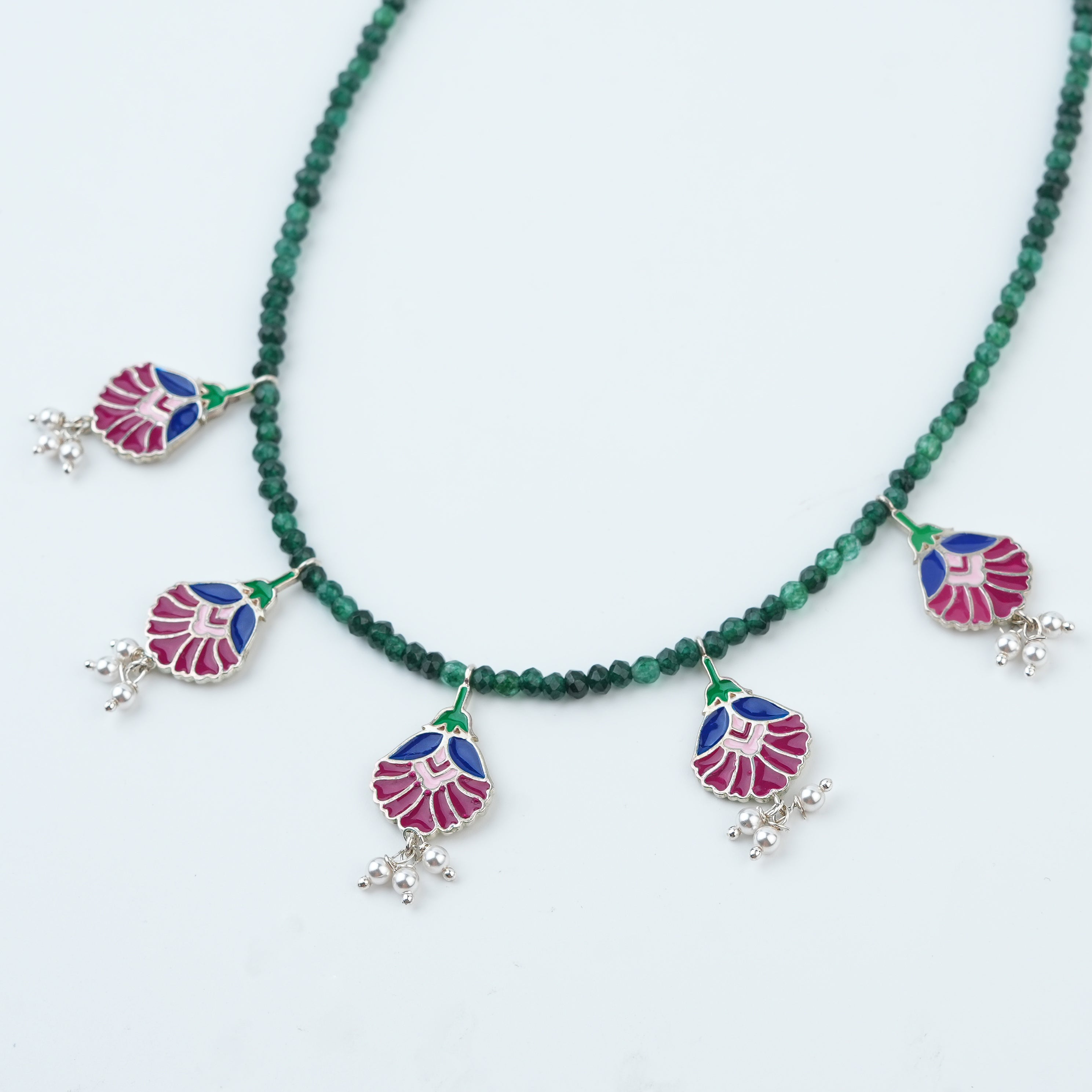 Rose Enamel Flower Charm Necklace with Green Onyx