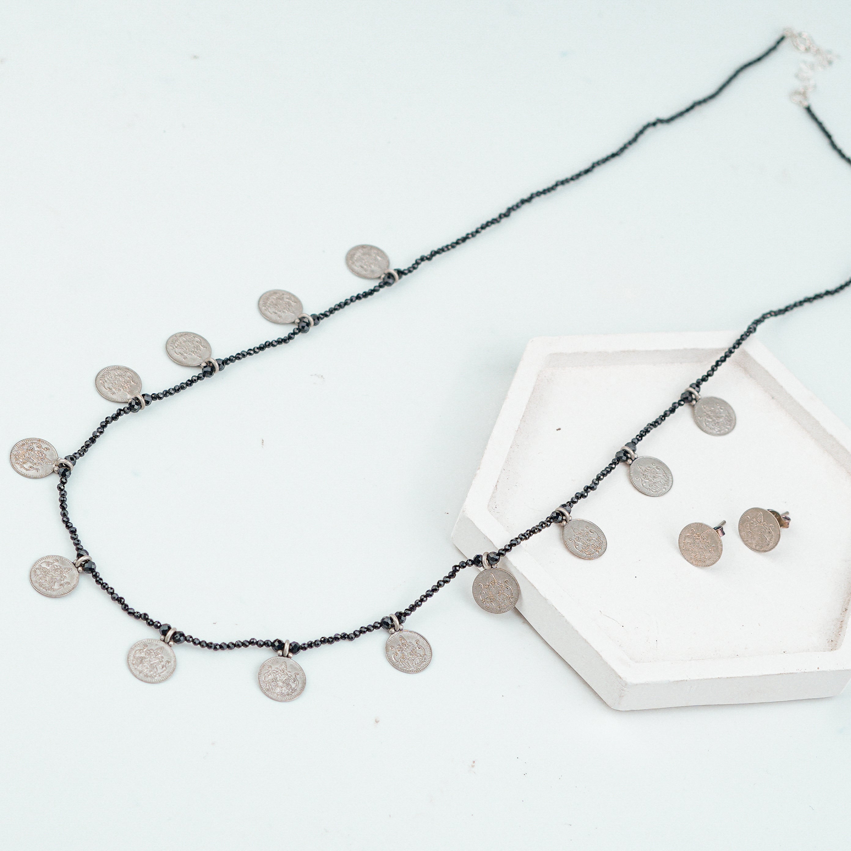 Silver Oxidised Putali Necklace with Black Spinel – Short (Made to Order)