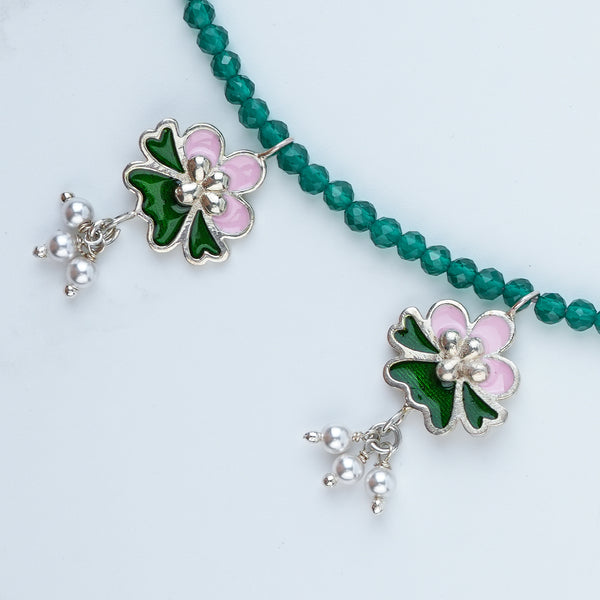 Pink & Green Enamel Charm Necklace with Green Onyx