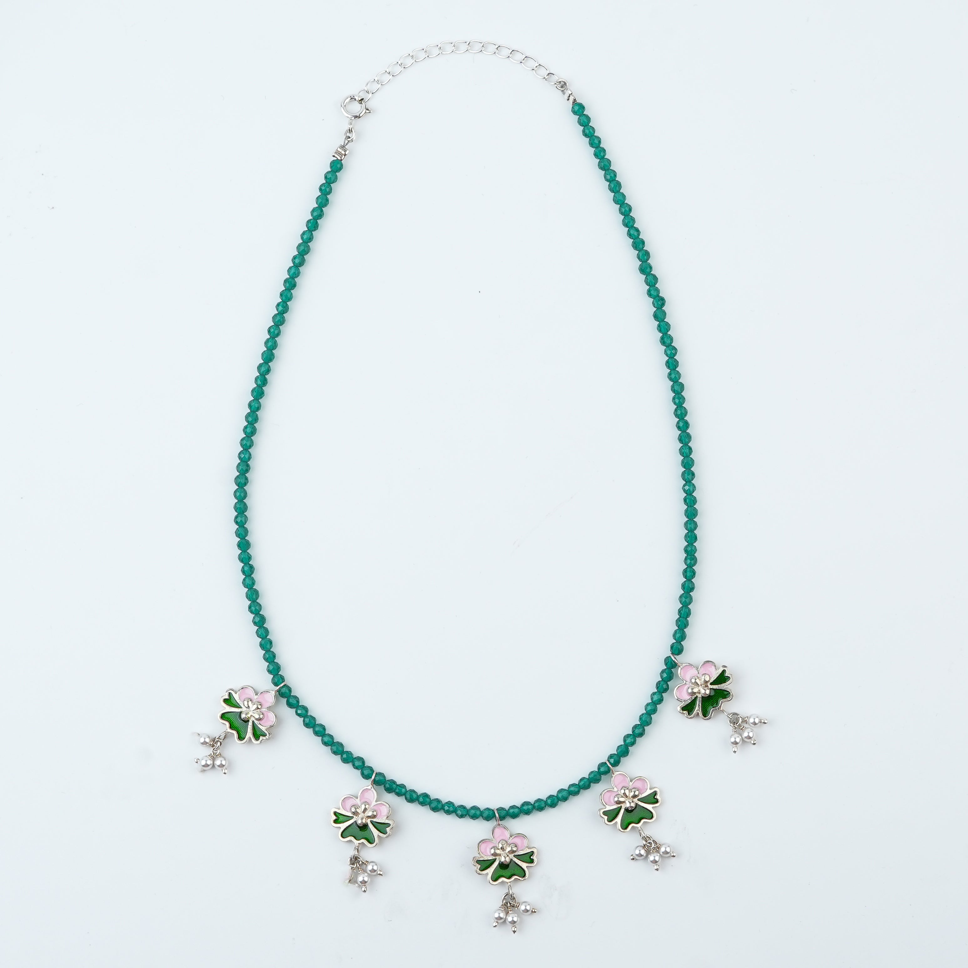 Pink & Green Enamel Charm Necklace with Green Onyx