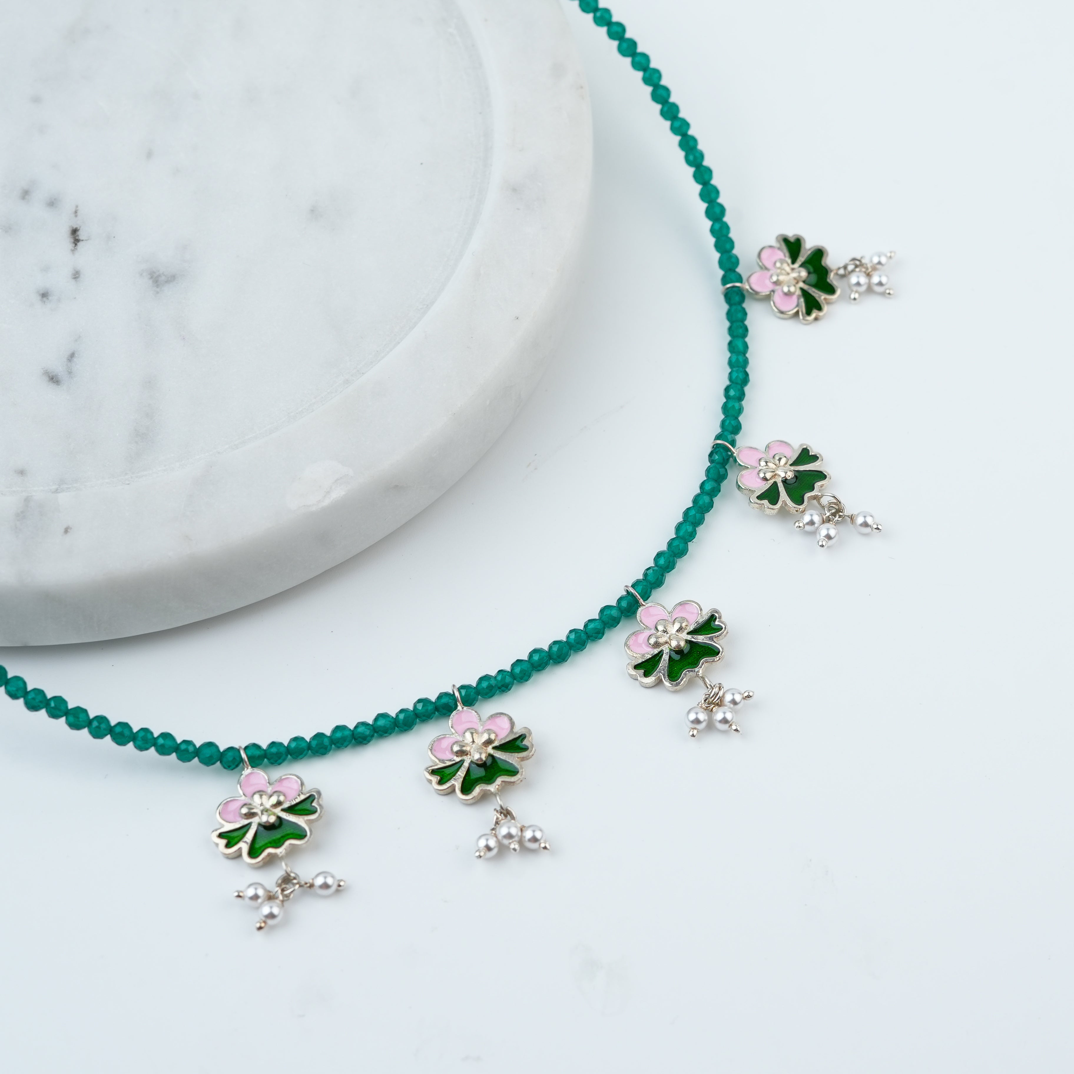 Pink & Green Enamel Charm Necklace with Green Onyx