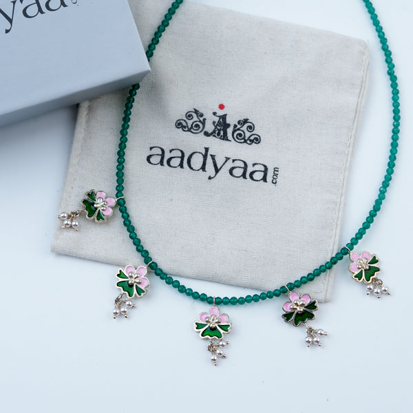 Pink & Green Enamel Charm Necklace with Green Onyx