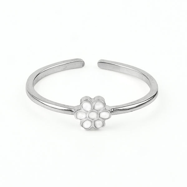 White Flower Enamel Silver Ring