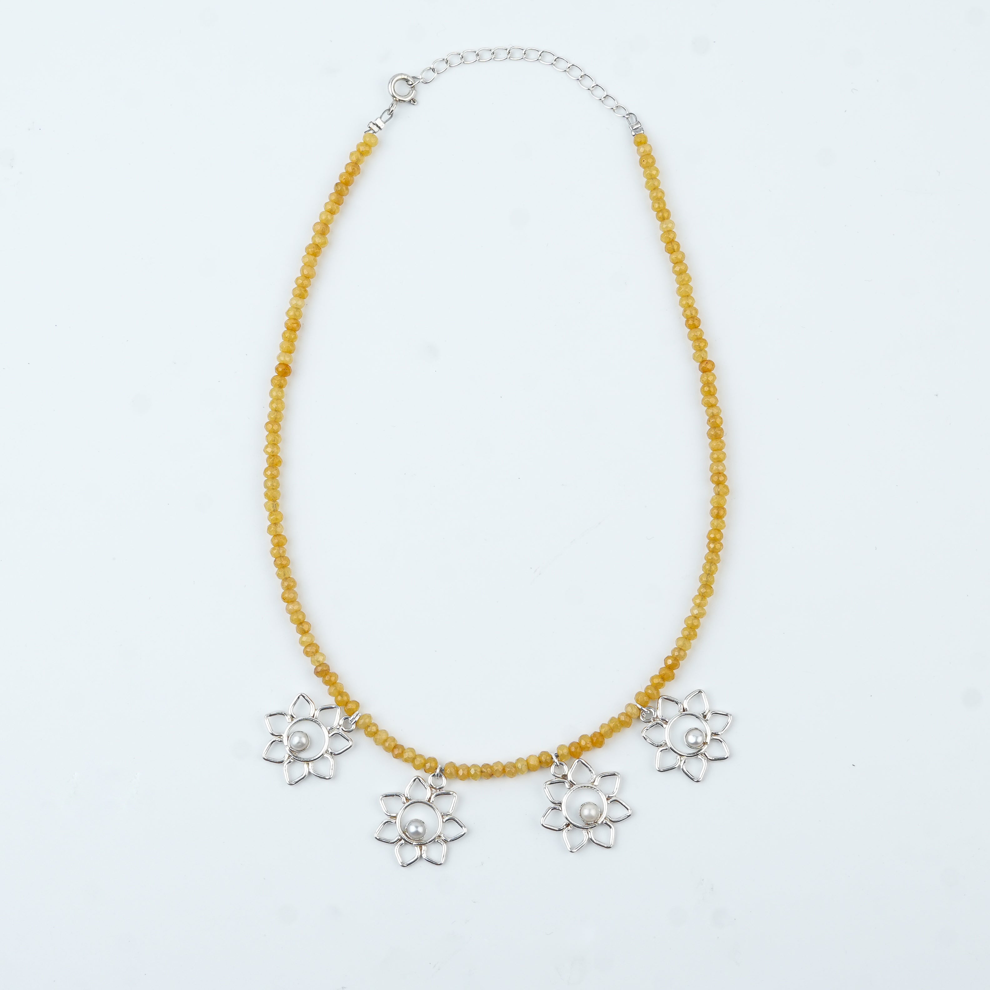 Flower & Pearl Charm Necklace with Yellow Jade