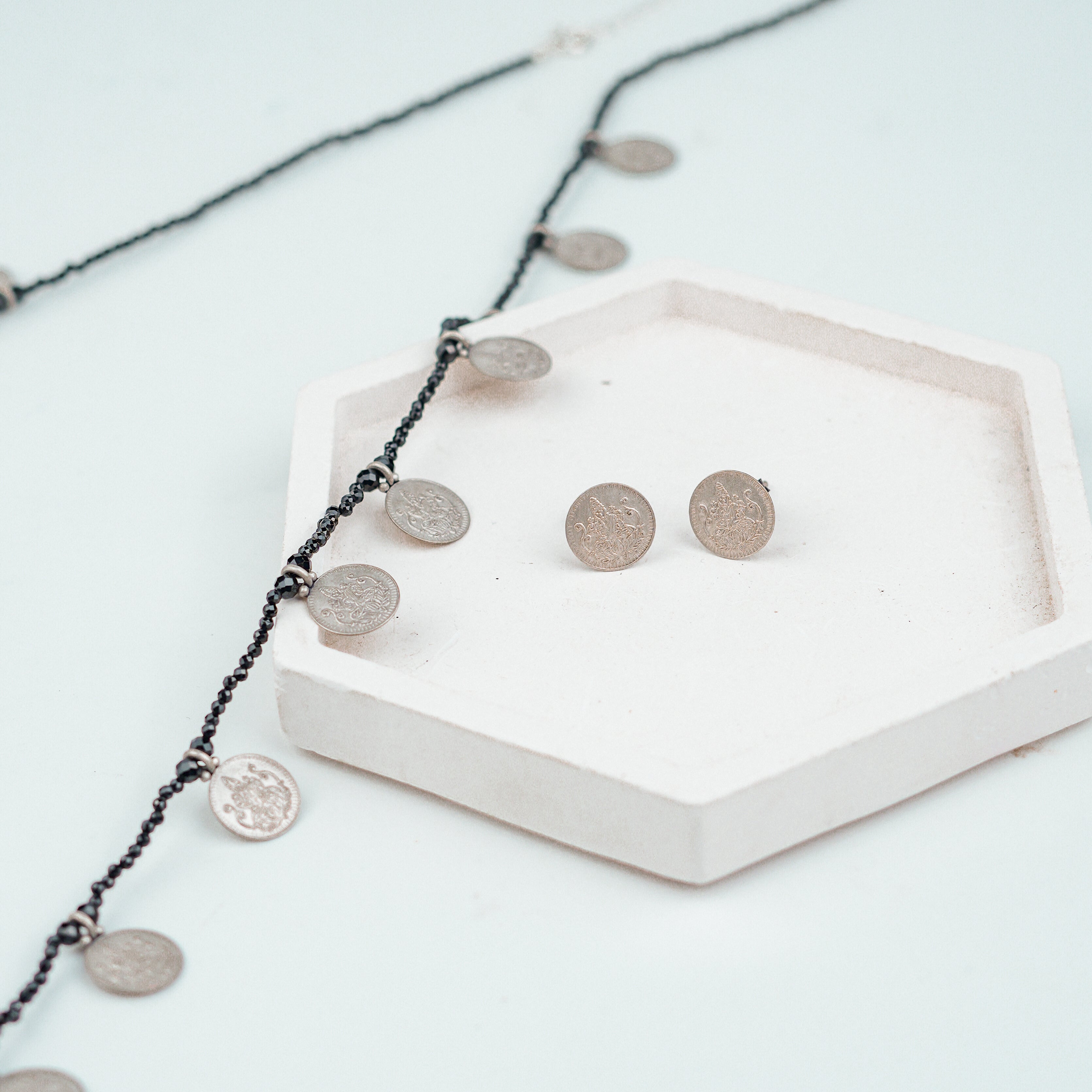 Silver Oxidised Putali Necklace with Black Spinel – Long (Made to Order)