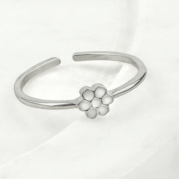 White Flower Enamel Silver Ring