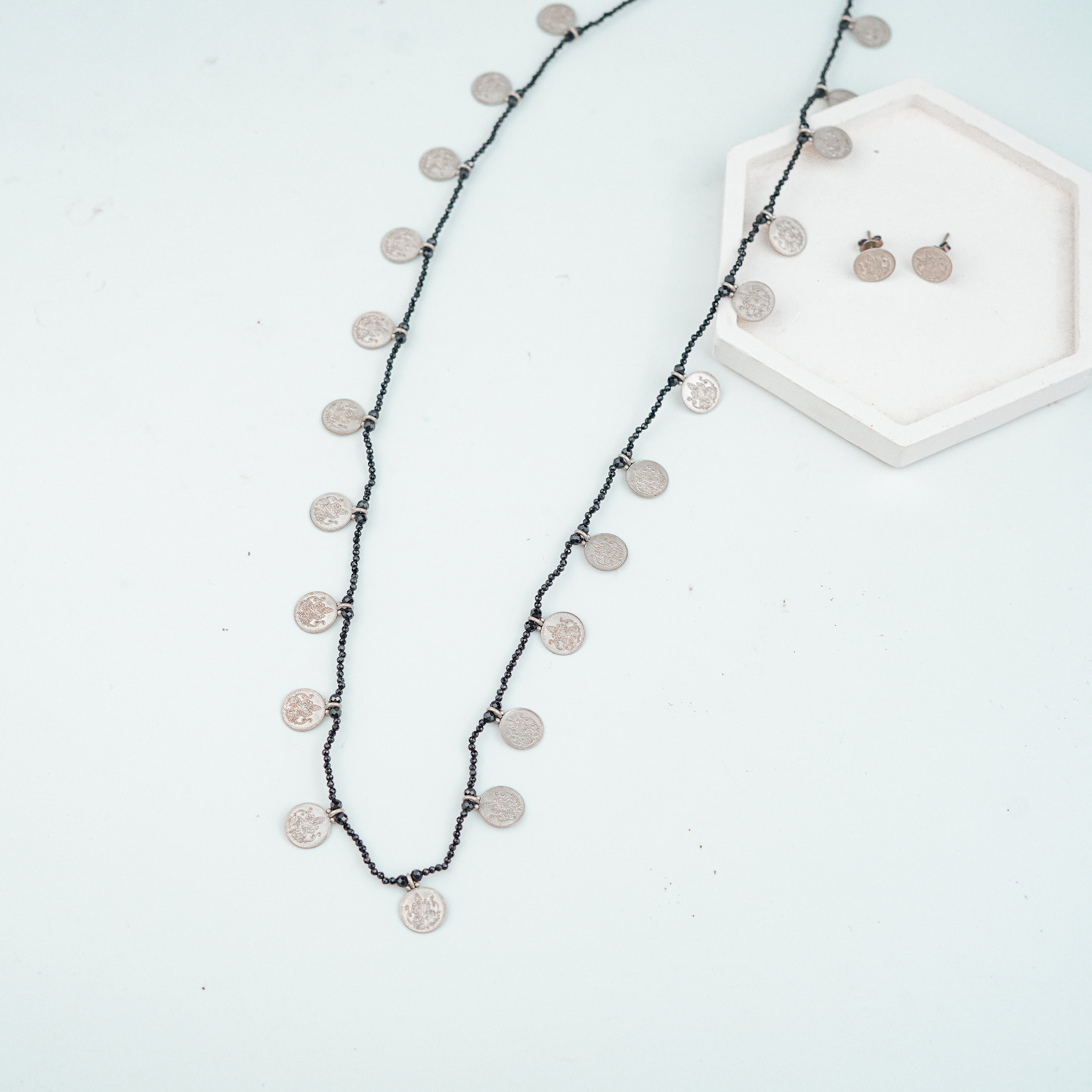 Silver Oxidised Putali Necklace with Black Spinel – Long (Made to Order)