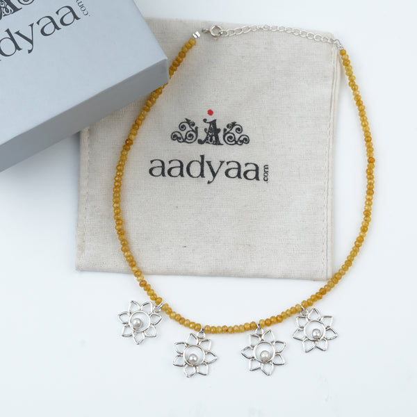 Flower & Pearl Charm Necklace with Yellow Jade