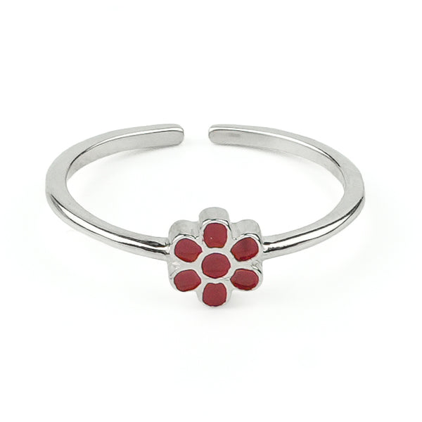 Red Flower Enamel Silver Ring