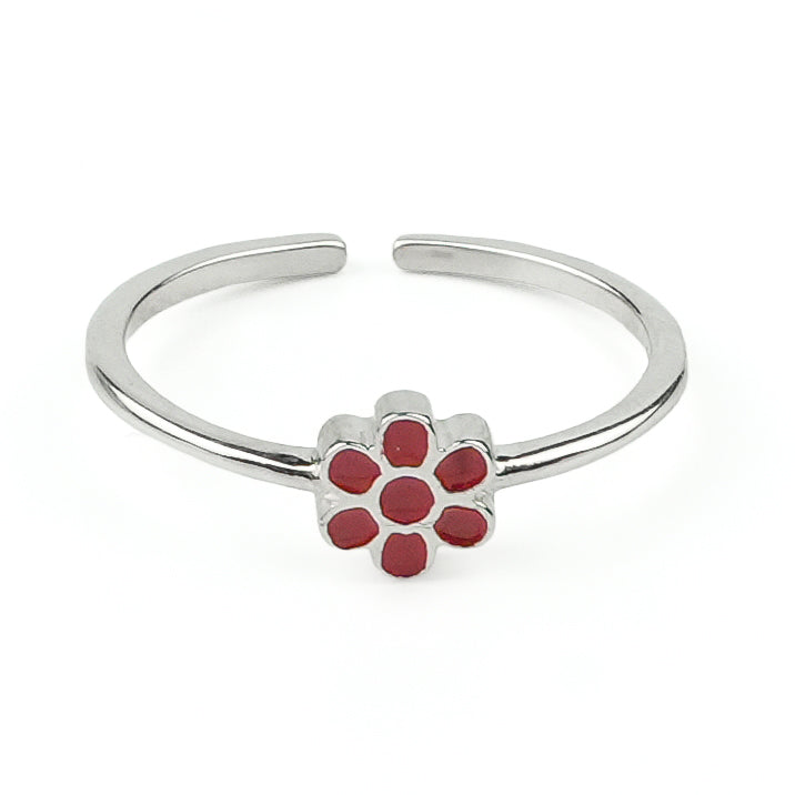 Red Flower Enamel Silver Ring