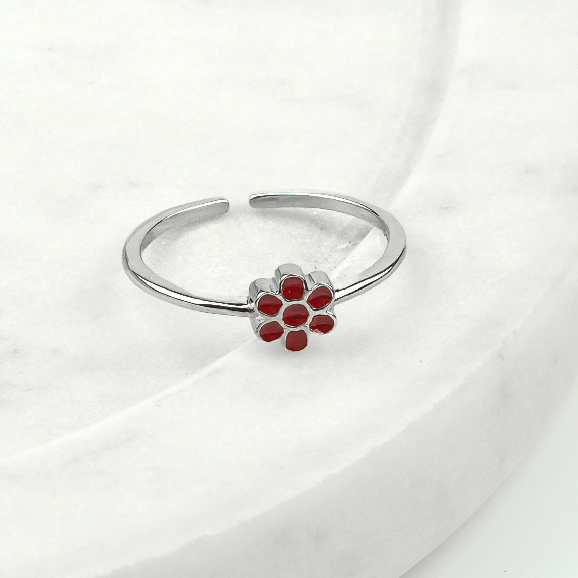 Red Flower Enamel Silver Ring