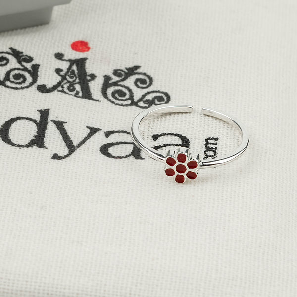Red Flower Enamel Silver Ring