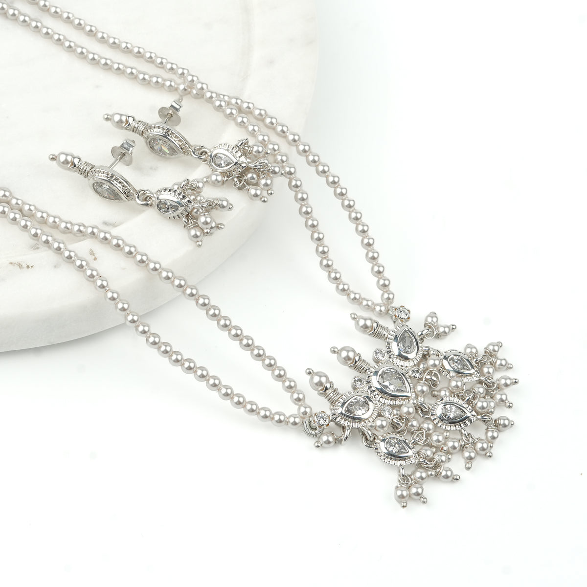 White CZ Tiny Tanmani Set with Pearls