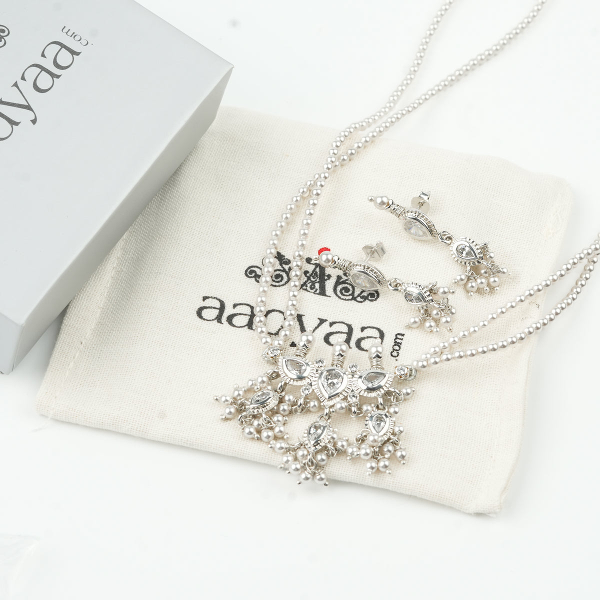 White CZ Tiny Tanmani Set with Pearls