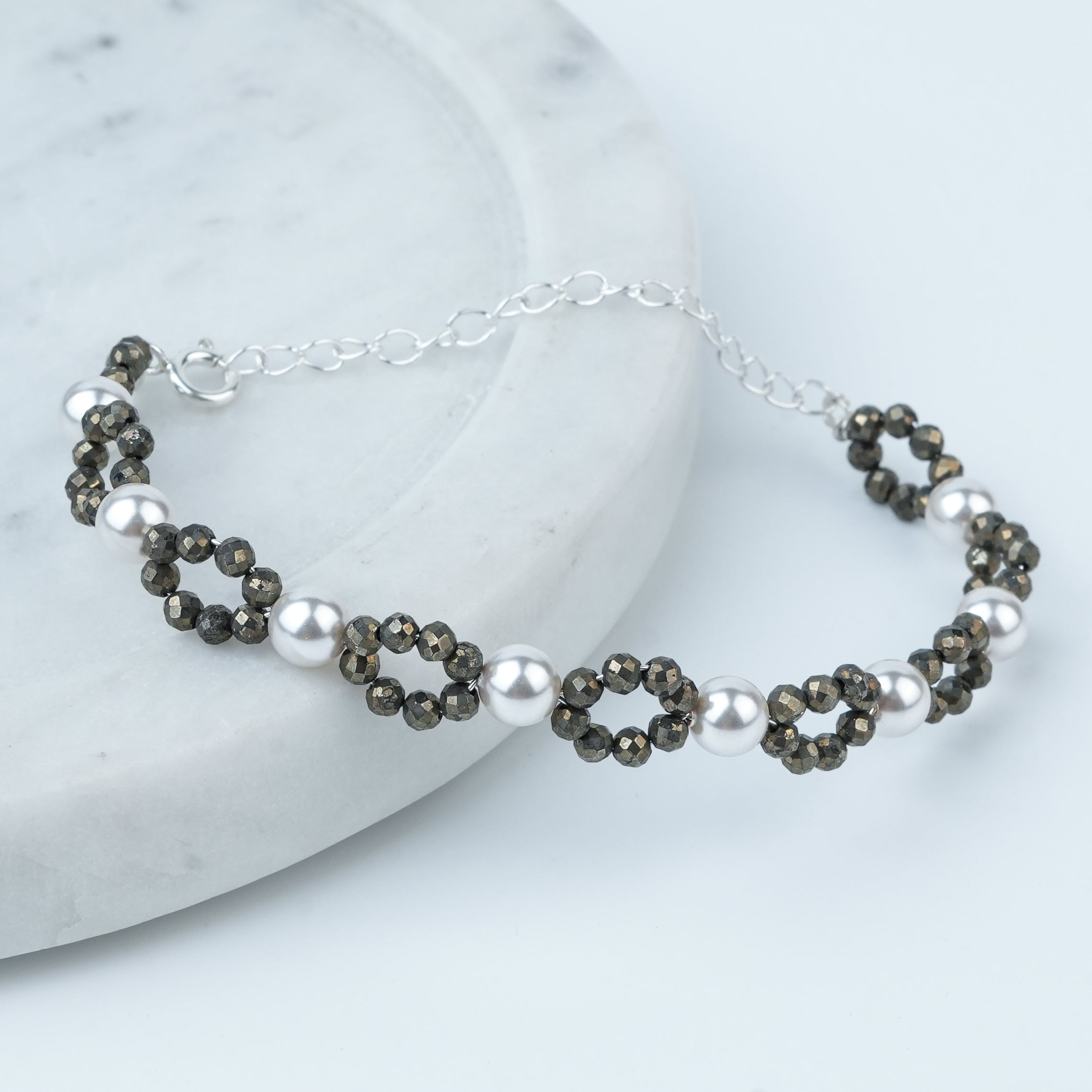 Silver Pyrite & Pearl Bracelet