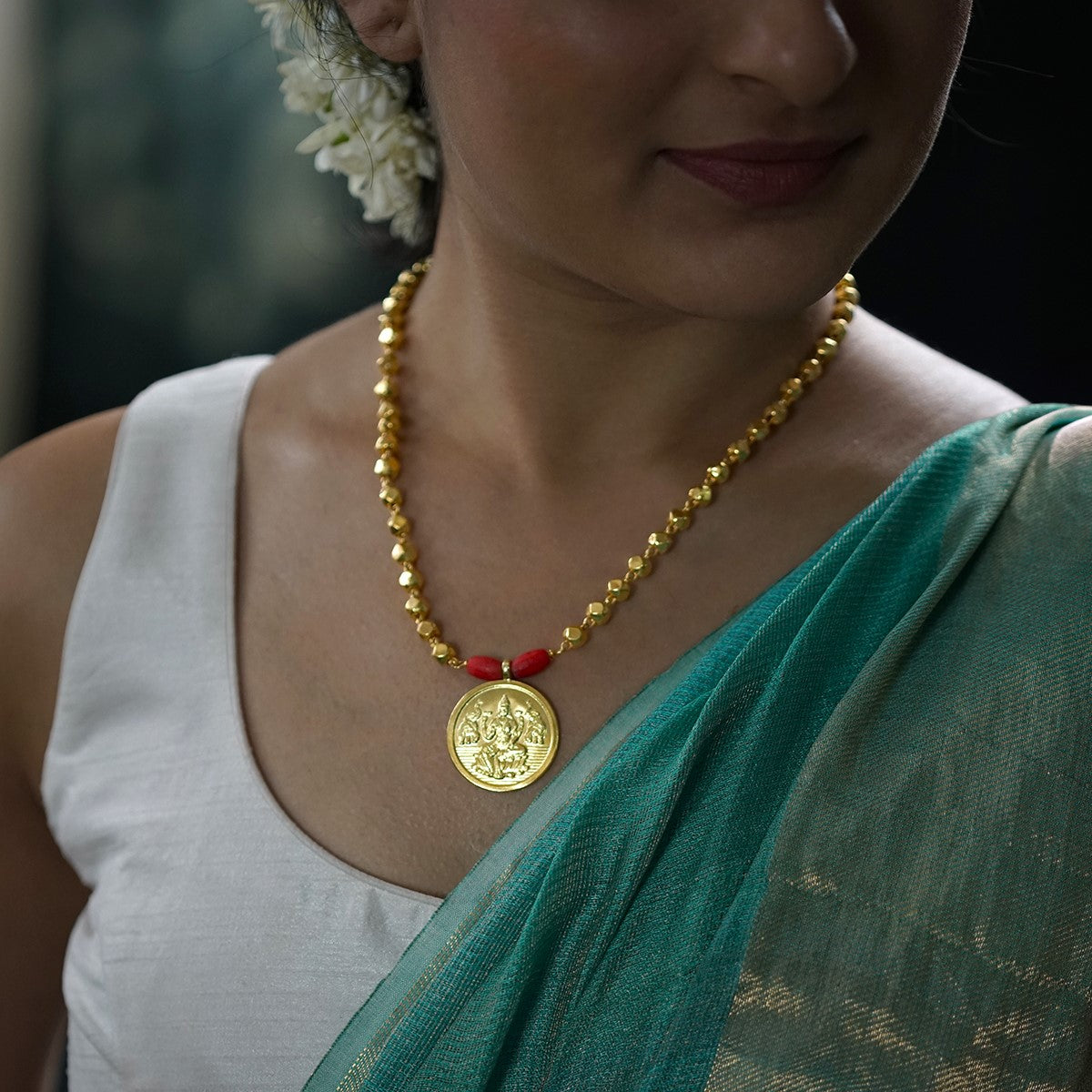 Silver Coin Necklace with Silver Beads (Gold Plated) - Ashtapailu ( Multifaceted ) beads