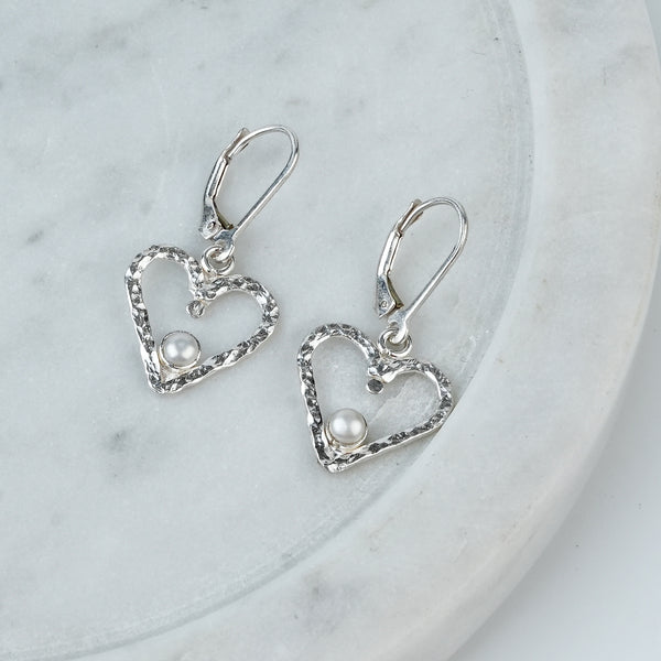 Silver Hammered Heart & Pearl Dangle Earrings