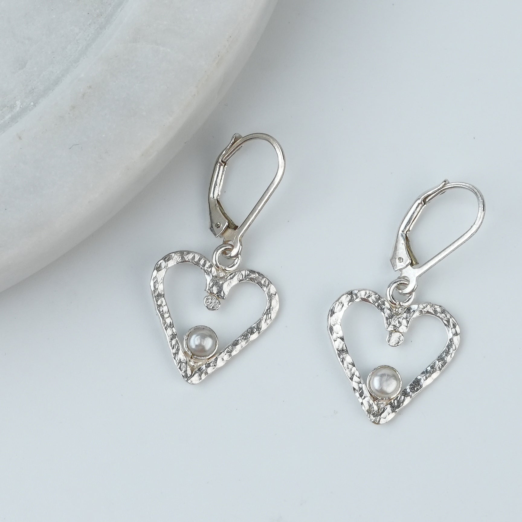 Silver Hammered Heart & Pearl Dangle Earrings
