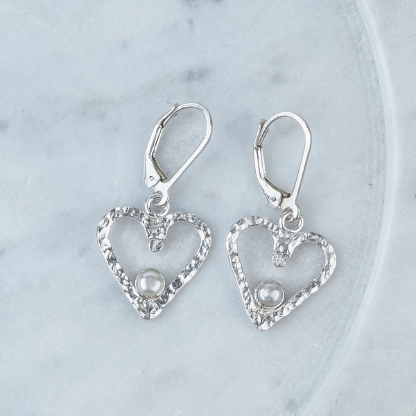 Silver Hammered Heart & Pearl Dangle Earrings