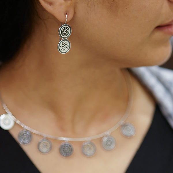 a close up of a person wearing a necklace