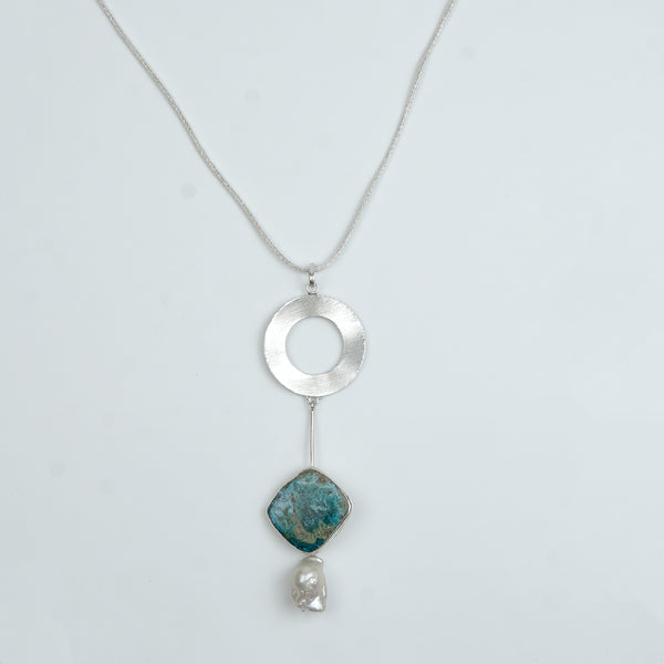 Chrysocolla & Baroque Pearl Dangle Pendant With Geometric Accent Chain Necklace